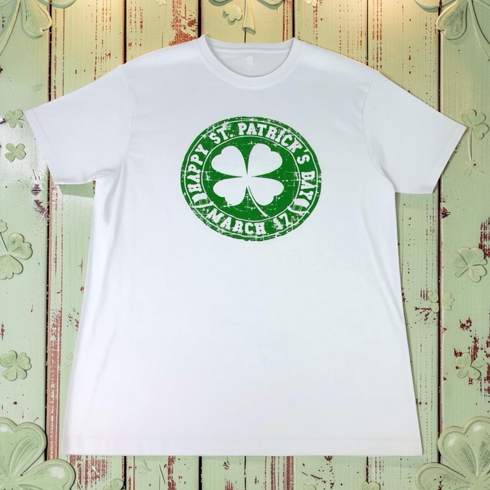 Happy St Patricks Day Shamrock T-Shirt UNISEX MEDIUM White Cotton 4 Leaf Clover